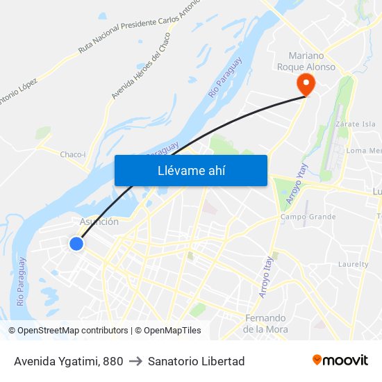 Avenida Ygatimi, 880 to Sanatorio Libertad map