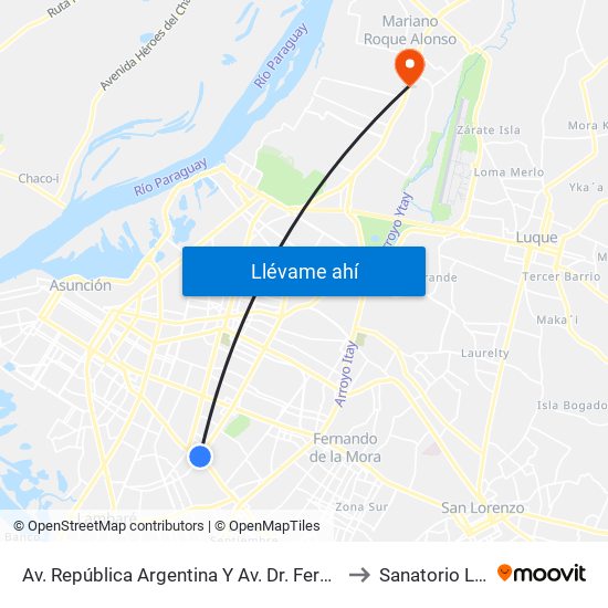 Av. República Argentina Y Av. Dr. Fernando De La Mora to Sanatorio Libertad map