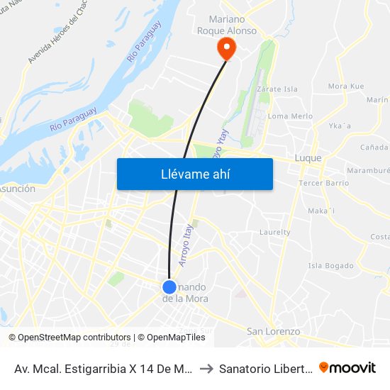 Av. Mcal. Estigarribia X 14 De Mayo to Sanatorio Libertad map