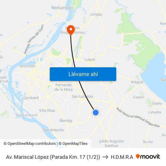 Av. Mariscal López (Parada Km. 17 (1/2)) to H.D.M.R.A map