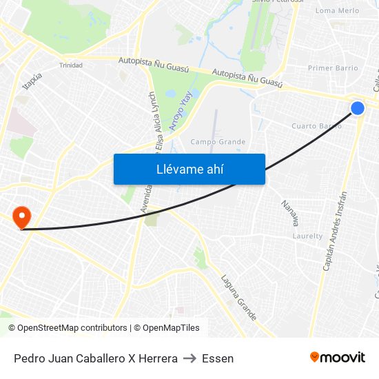 Pedro Juan Caballero X Herrera to Essen map