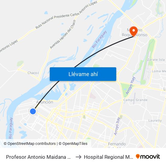 Profesor Antonio Maidana Campos, 1045 to Hospital Regional M. R. Alonso map