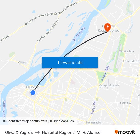 Oliva X Yegros to Hospital Regional M. R. Alonso map