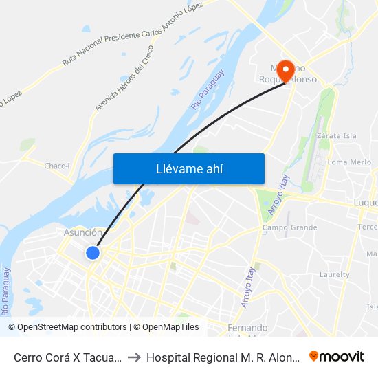 Cerro Corá X Tacuary to Hospital Regional M. R. Alonso map