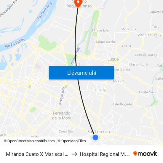 Miranda Cueto X Mariscal Estigarribia to Hospital Regional M. R. Alonso map