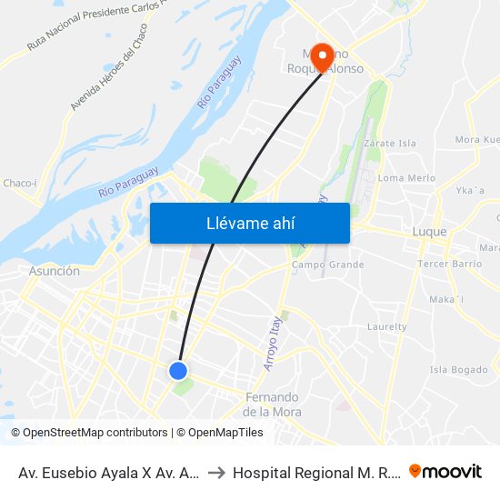 Av. Eusebio Ayala X Av. Argentina to Hospital Regional M. R. Alonso map