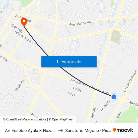 Av. Eusebio Ayala X Nazareth to Sanatorio Migone - Piso 9 map