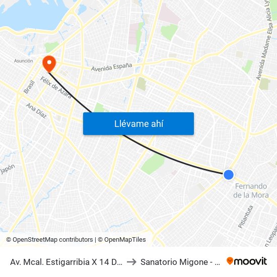 Av. Mcal. Estigarribia X 14 De Mayo to Sanatorio Migone - Piso 9 map