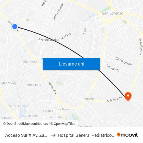Acceso Sur X Av. Zavalas Cué to Hospital General Pediatrico UTI Cardio map