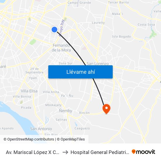 Av. Mariscal López X Capitán Bueno to Hospital General Pediatrico UTI Cardio map