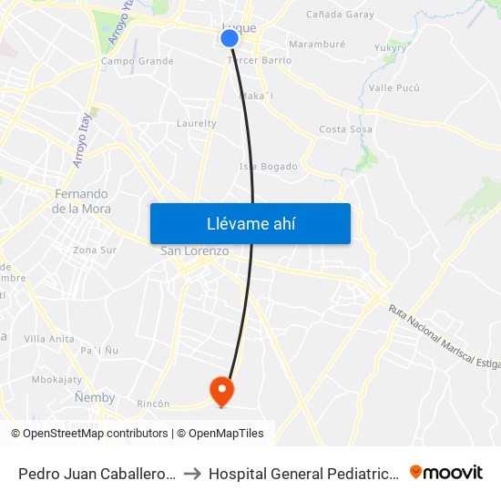 Pedro Juan Caballero X Herrera to Hospital General Pediatrico UTI Cardio map