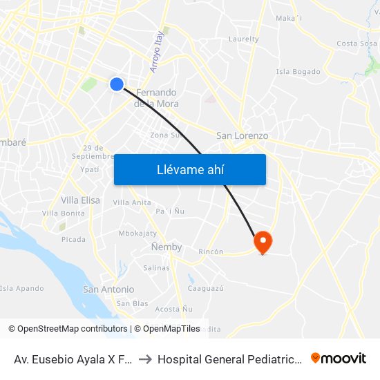 Av. Eusebio Ayala X Félix Lopéz to Hospital General Pediatrico UTI Cardio map