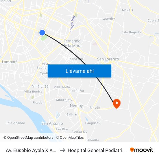 Av. Eusebio Ayala X Av. Argentina to Hospital General Pediatrico UTI Cardio map