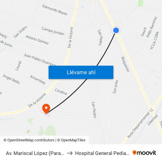 Av. Mariscal López (Parada Km. 17 (1/2)) to Hospital General Pediatrico UTI Cardio map