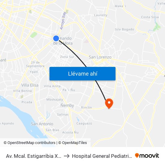 Av. Mcal. Estigarribia X 14 De Mayo to Hospital General Pediatrico UTI Cardio map