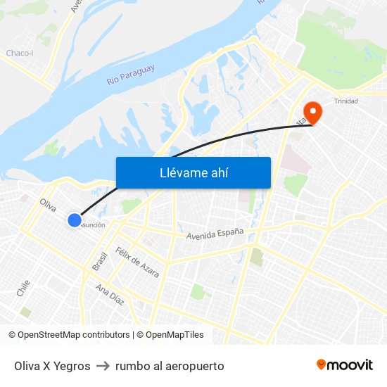 Oliva X Yegros to rumbo al aeropuerto map