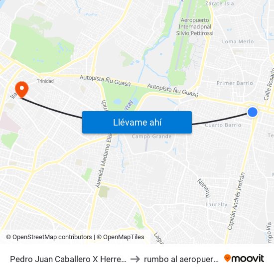 Pedro Juan Caballero X Herrera to rumbo al aeropuerto map