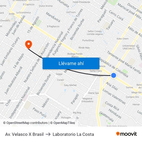 Av. Velasco X Brasil to Laboratorio La Costa map