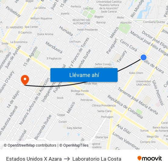 Estados Unidos X Azara to Laboratorio La Costa map