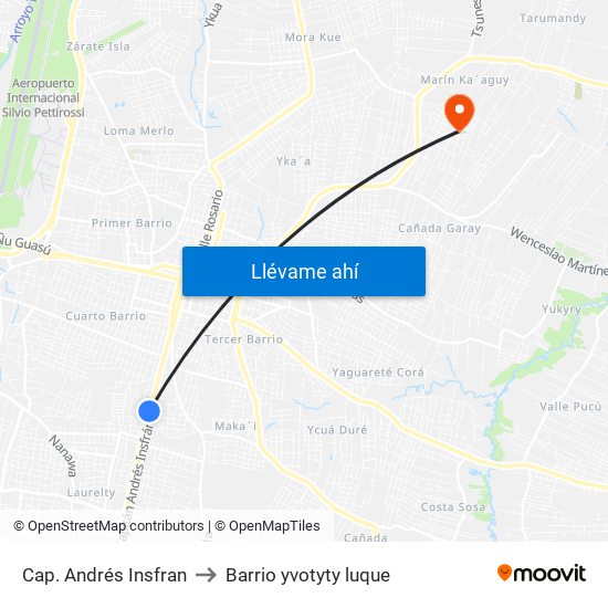 Cap. Andrés Insfran to Barrio yvotyty luque map