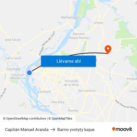 Capitán Manuel Aranda to Barrio yvotyty luque map