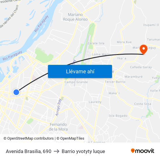 Avenida Brasilia, 690 to Barrio yvotyty luque map