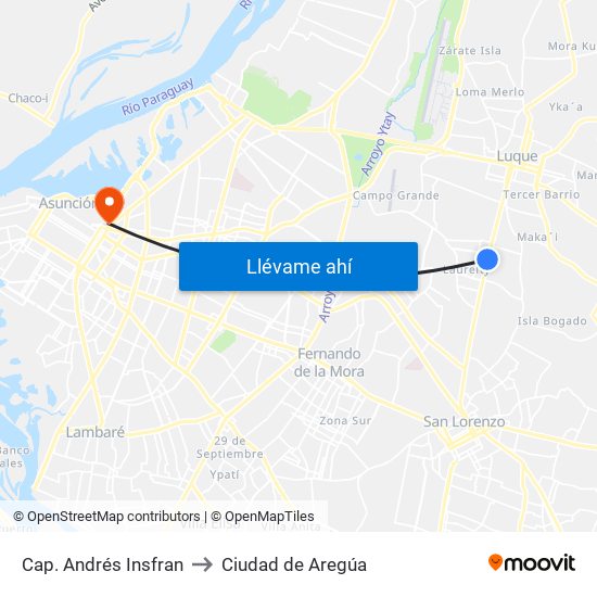 Cap. Andrés Insfran to Ciudad de Aregúa map