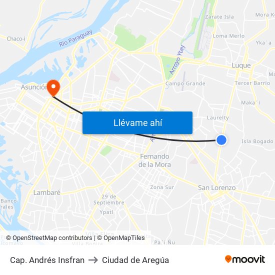 Cap. Andrés Insfran to Ciudad de Aregúa map