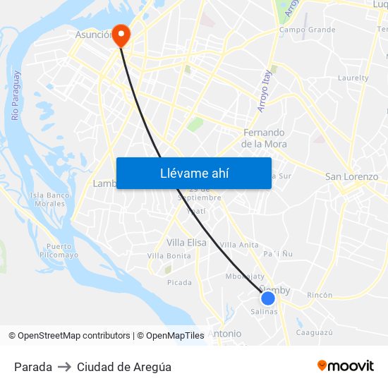 Parada to Ciudad de Aregúa map