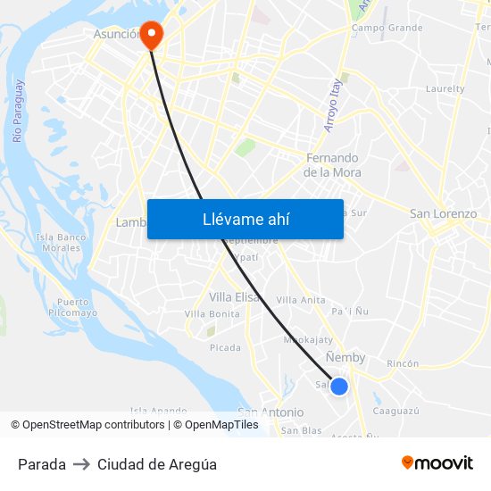 Parada to Ciudad de Aregúa map