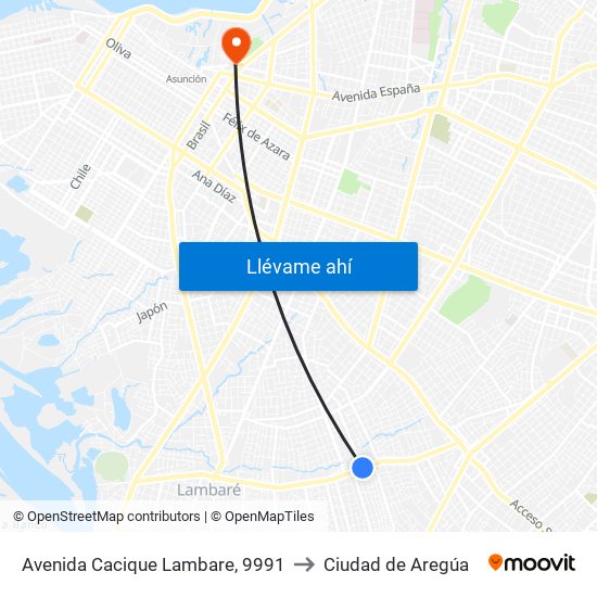 Avenida Cacique Lambare, 9991 to Ciudad de Aregúa map