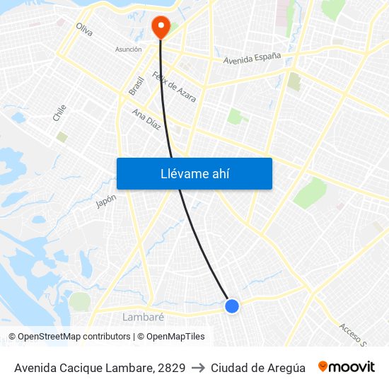 Avenida Cacique Lambare, 2829 to Ciudad de Aregúa map