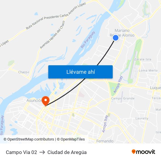 Campo Via 02 to Ciudad de Aregúa map