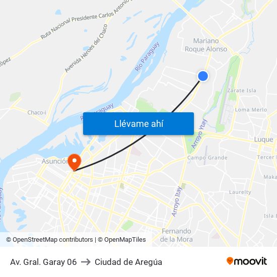 Av. Gral. Garay 06 to Ciudad de Aregúa map