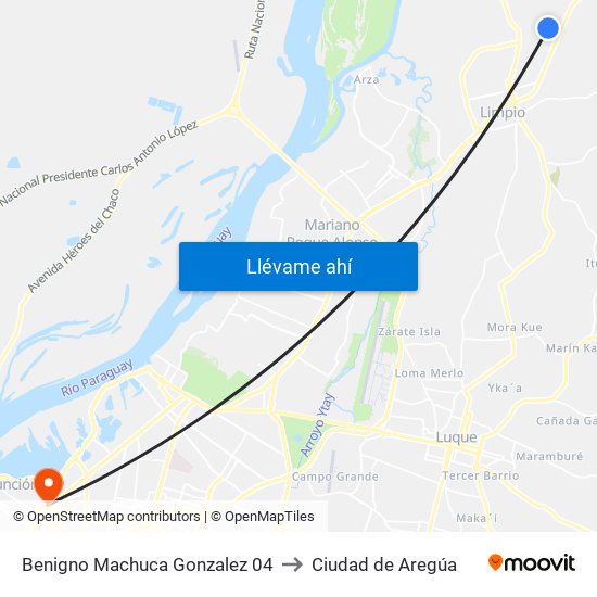 Benigno Machuca Gonzalez 04 to Ciudad de Aregúa map