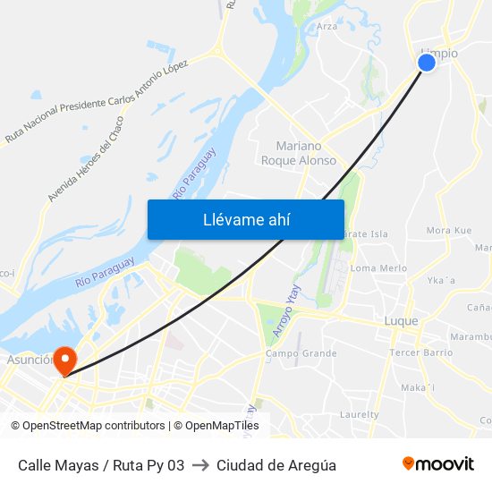 Calle Mayas / Ruta Py 03 to Ciudad de Aregúa map