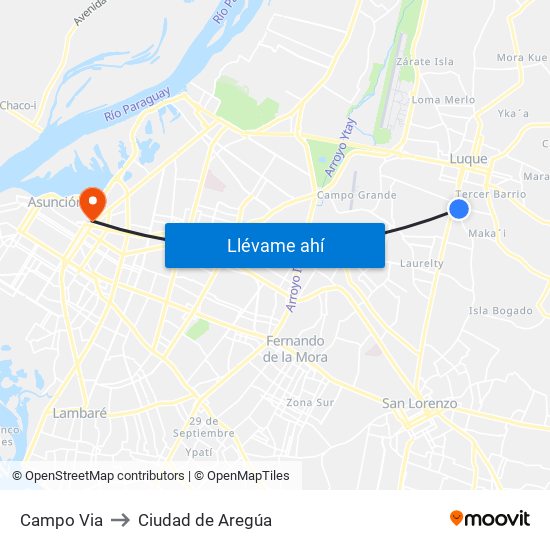 Campo Via to Ciudad de Aregúa map