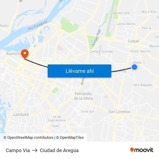 Campo Via to Ciudad de Aregúa map