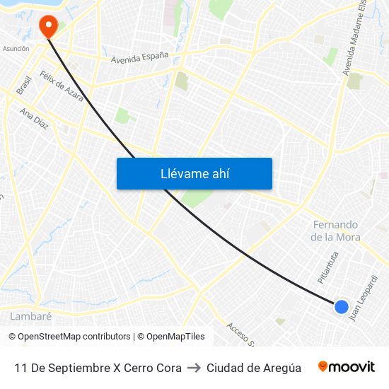 11 De Septiembre X Cerro Cora to Ciudad de Aregúa map