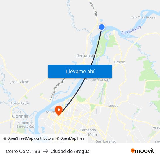 Cerro Corá, 183 to Ciudad de Aregúa map