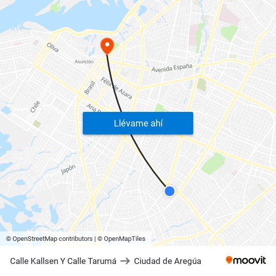 Calle Kallsen Y Calle Tarumá to Ciudad de Aregúa map