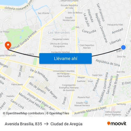 Avenida Brasilia, 835 to Ciudad de Aregúa map