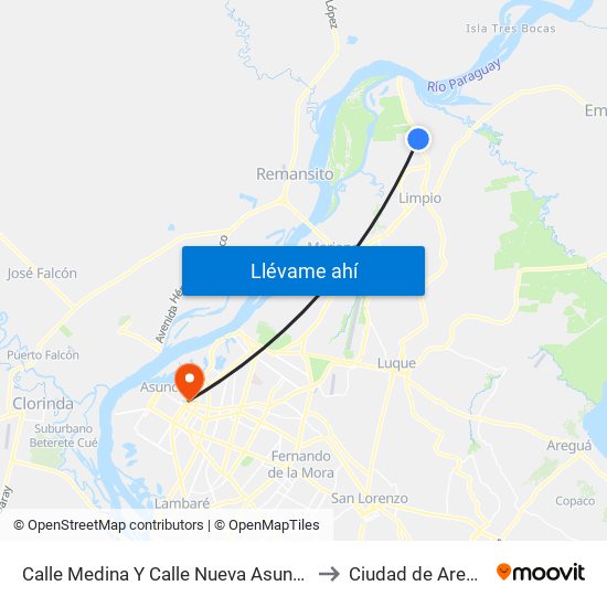 Calle Medina Y Calle Nueva Asunción to Ciudad de Aregúa map