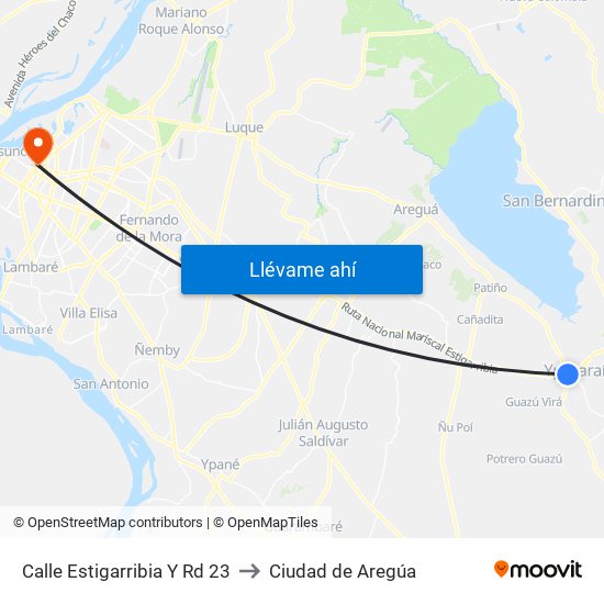 Calle Estigarribia Y Rd 23 to Ciudad de Aregúa map