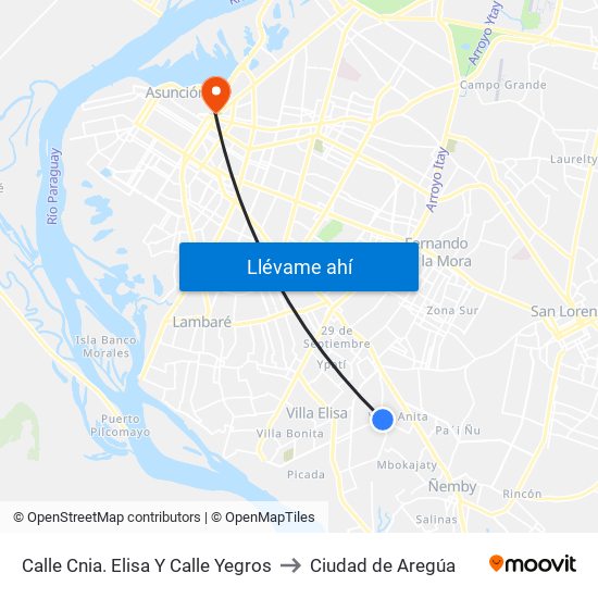 Calle Cnia. Elisa Y Calle Yegros to Ciudad de Aregúa map