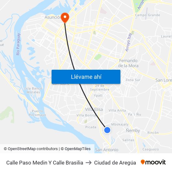 Calle Paso Medin Y Calle Brasilia to Ciudad de Aregúa map
