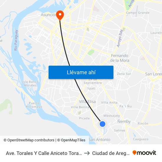Ave. Torales Y Calle Aniceto Torales to Ciudad de Aregúa map