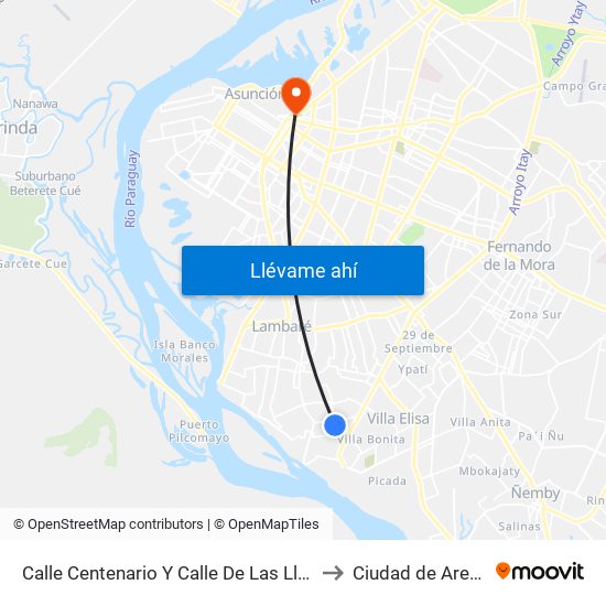 Calle Centenario Y Calle De Las Llamas to Ciudad de Aregúa map
