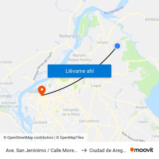 Ave. San Jerónimo / Calle Moreno to Ciudad de Aregúa map