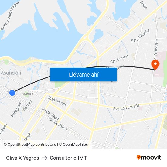 Oliva X Yegros to Consultorio IMT map